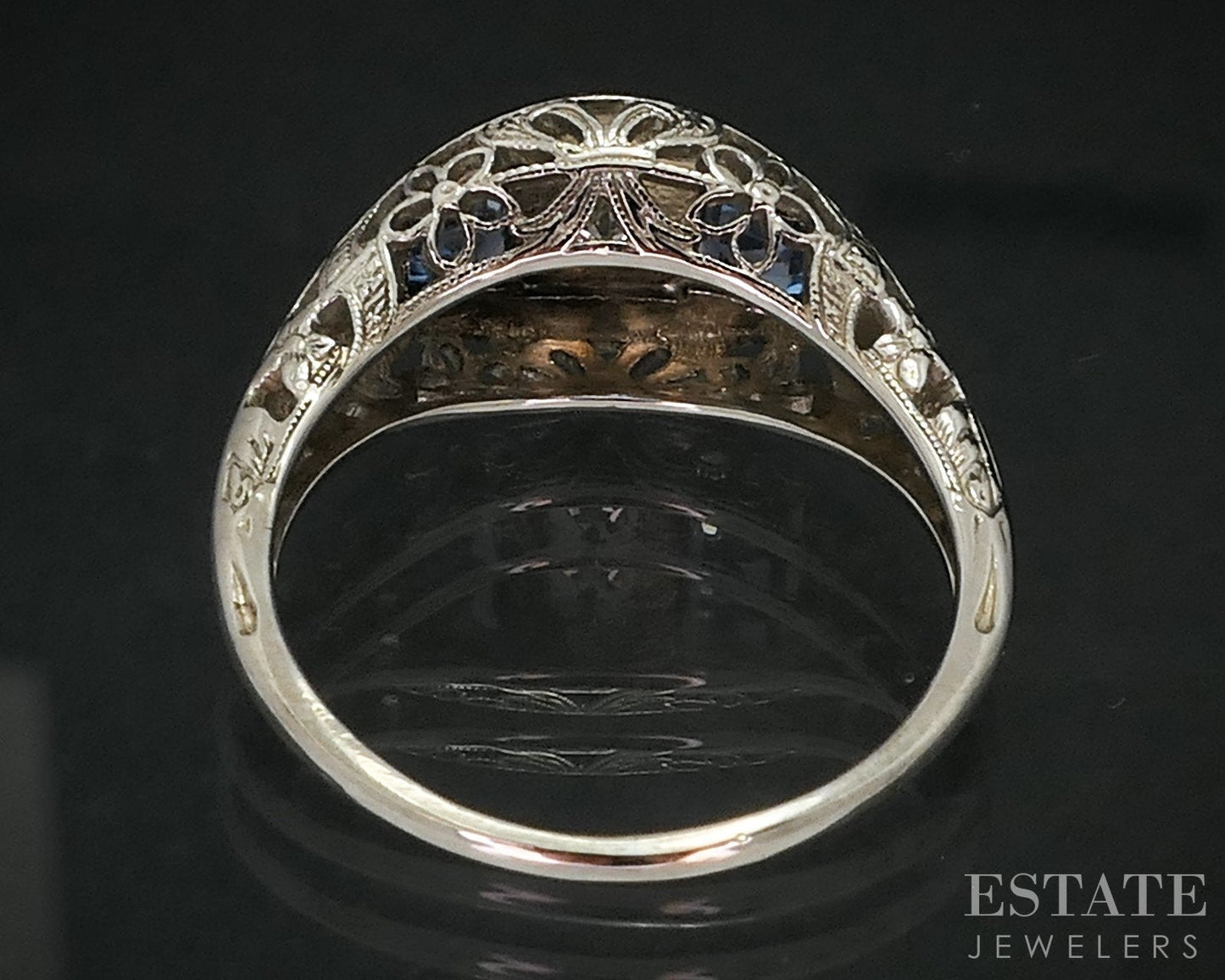 Antique Art Deco 18k White Gold Diamond & Sapphire Filigree Ring 3g i18141