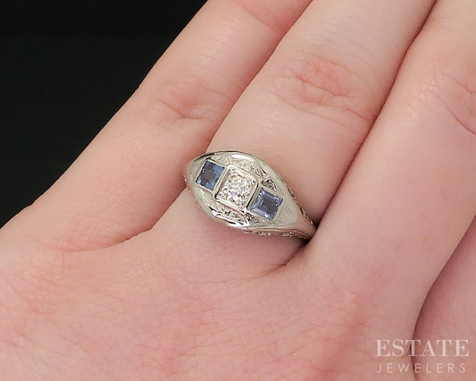 Antique Art Deco 18k White Gold Diamond & Sapphire Filigree Ring 3g i18141