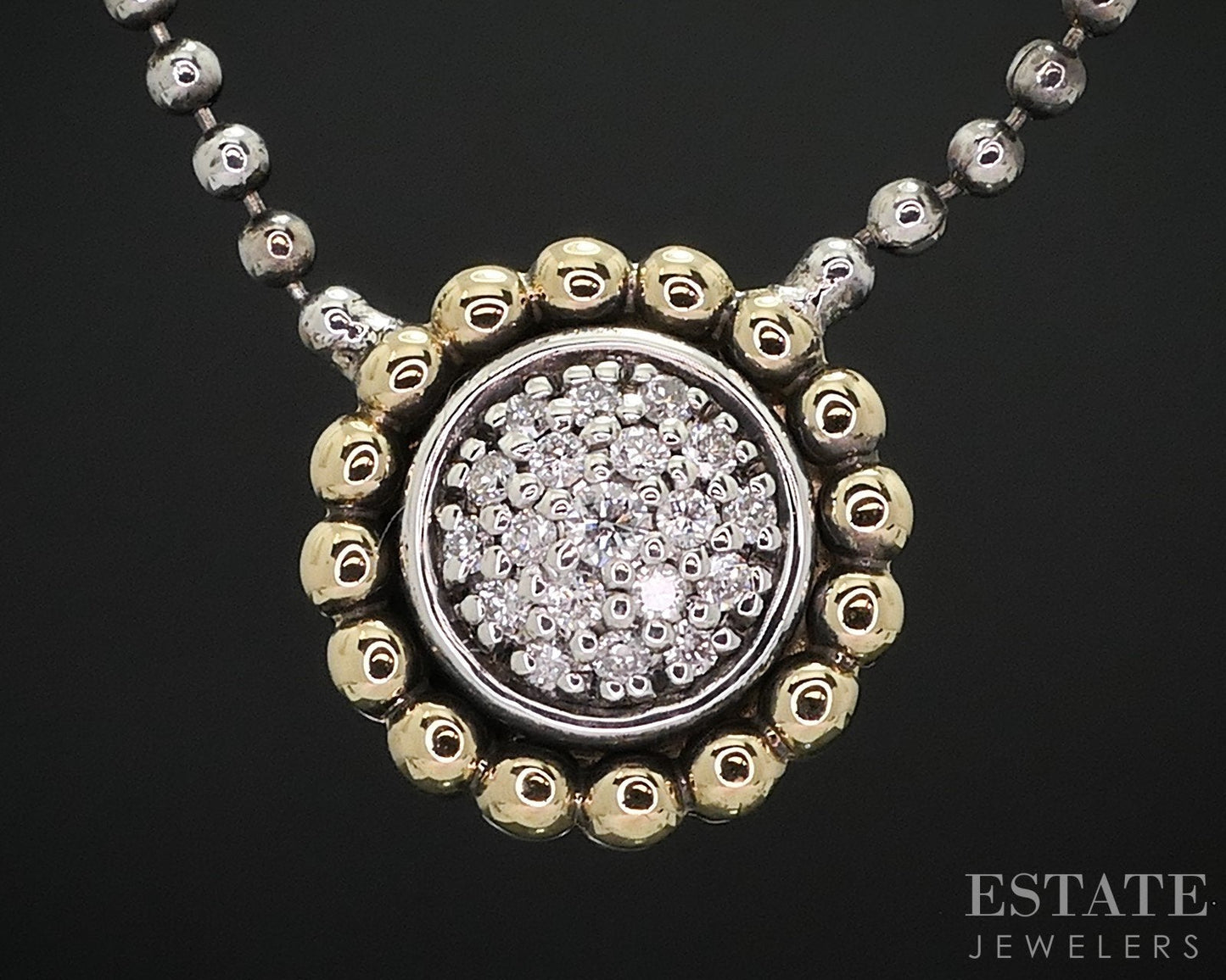 18k & Sterling LAGOS Caviar Natural Diamond Beaded Flower Necklace 5.4g i18128
