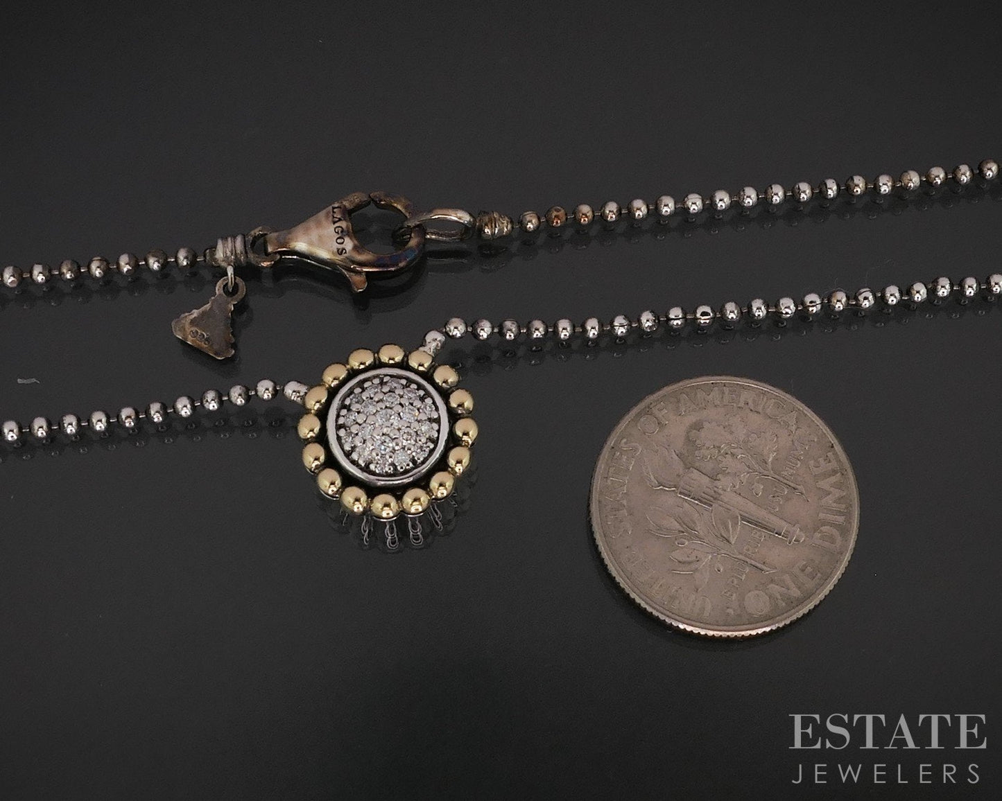 18k & Sterling LAGOS Caviar Natural Diamond Beaded Flower Necklace 5.4g i18128