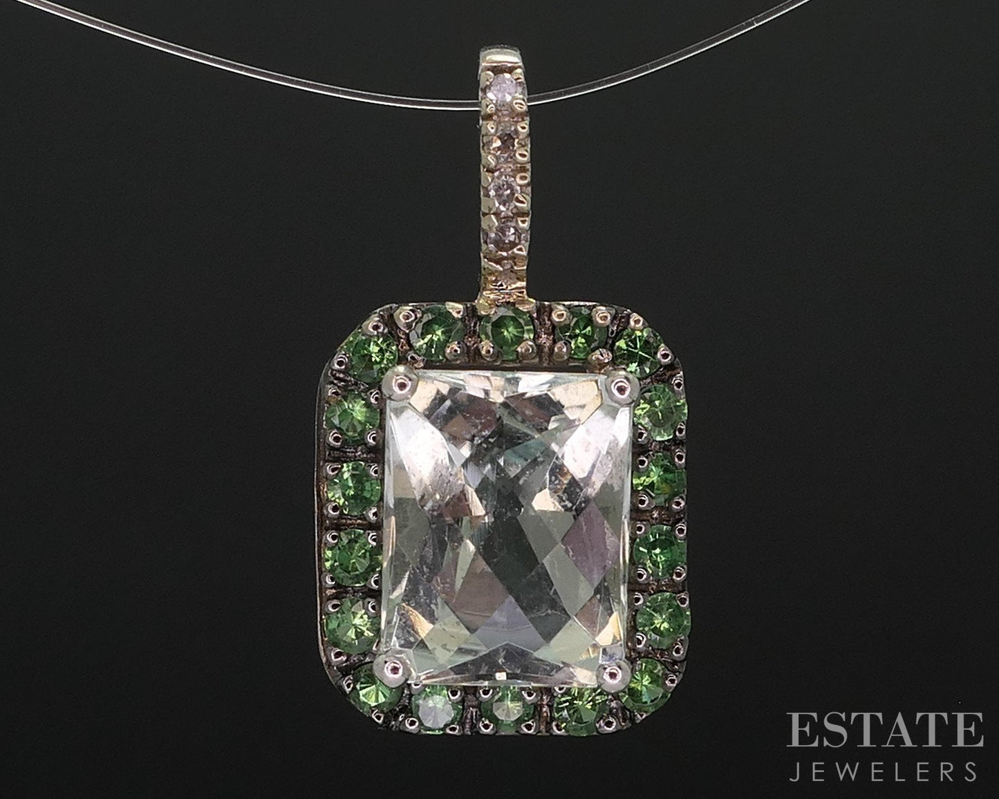 14k White Gold EFFY Green Amethyst Tsavorite & Diamond Pendant 2.3g i14016