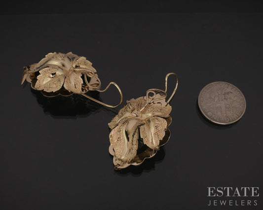 Antique Victorian 10k Yellow Gold Leafy Dangle Ladies Earrings 4.2g i18235