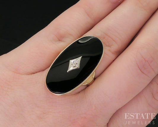 Vintage 10k Yellow Gold Natural Black Onyx & Diamond Shield Ring 7.9g i18199