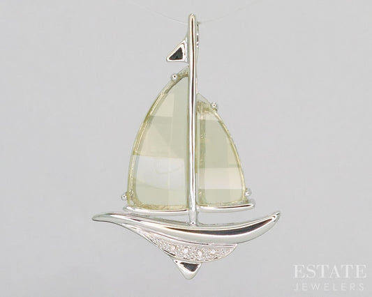 14k White Gold Natural Lemon Citrine & Diamond Sailboat Pendant 6.8g i18201