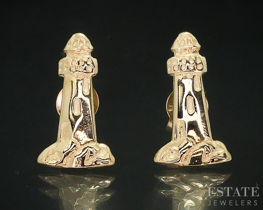 14k Yellow Gold Dimensional Lighthouse Stud Earrings 1.2g i18233b