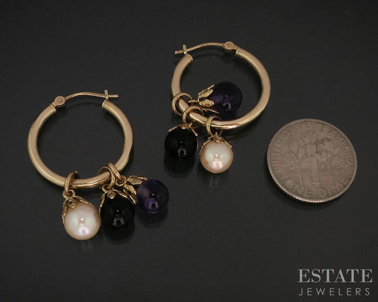 14k Yellow Gold Multi Gem Beaded Hoop Ladies Earrings 4.2g i18222b