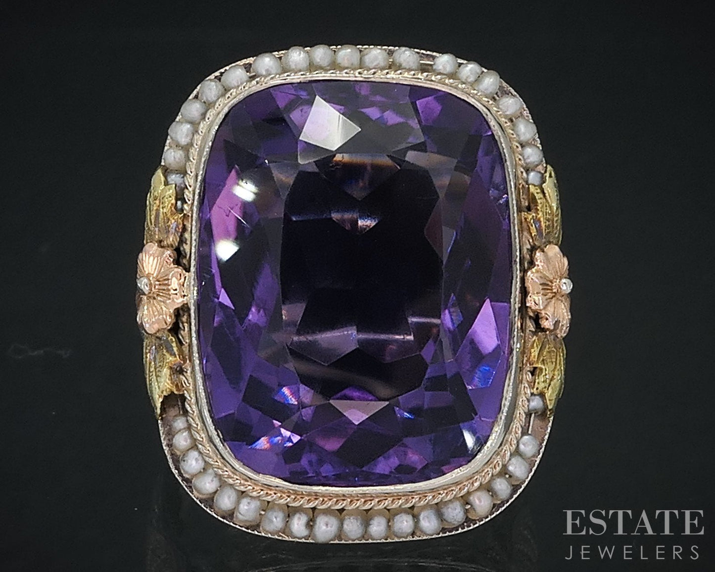 Antique Deco 14k Gold Natural Amethyst & Seed Pearl Filigree Ring 12g i18278