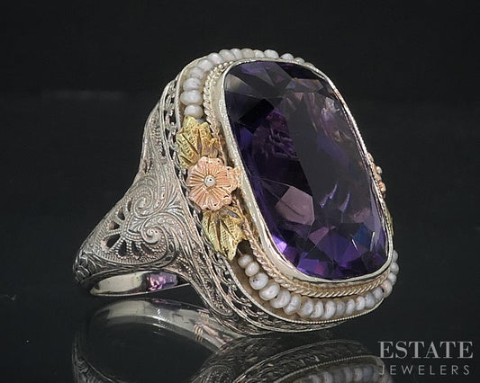 Antique Deco 14k Gold Natural Amethyst & Seed Pearl Filigree Ring 12g i18278