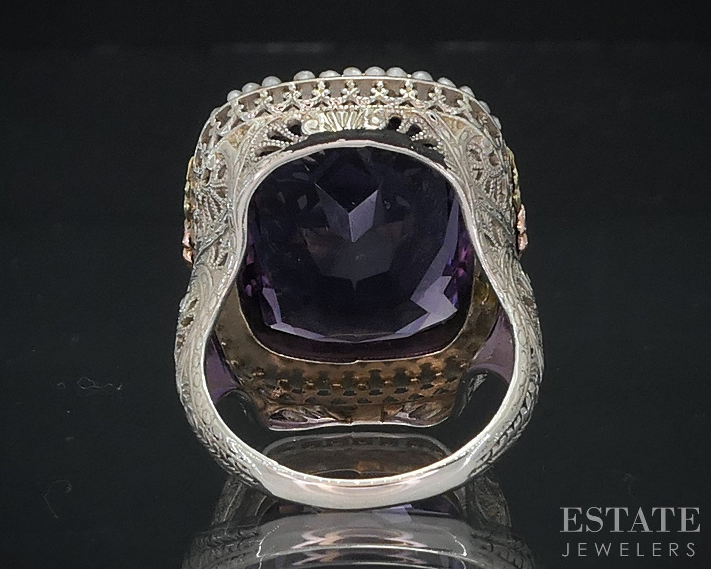 Antique Deco 14k Gold Natural Amethyst & Seed Pearl Filigree Ring 12g i18278