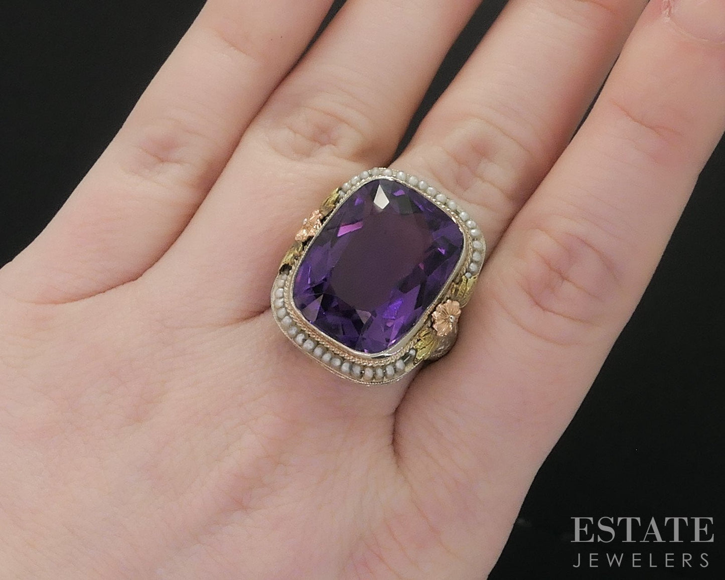 Antique Deco 14k Gold Natural Amethyst & Seed Pearl Filigree Ring 12g i18278