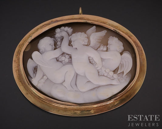 Antique Victorian 10k Yellow Gold Signed Cupid Cameo Pin Pendant 16g i18279