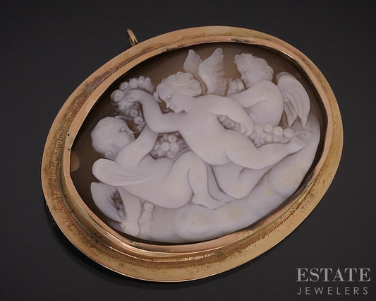 Antique Victorian 10k Yellow Gold Signed Cupid Cameo Pin Pendant 16g i18279