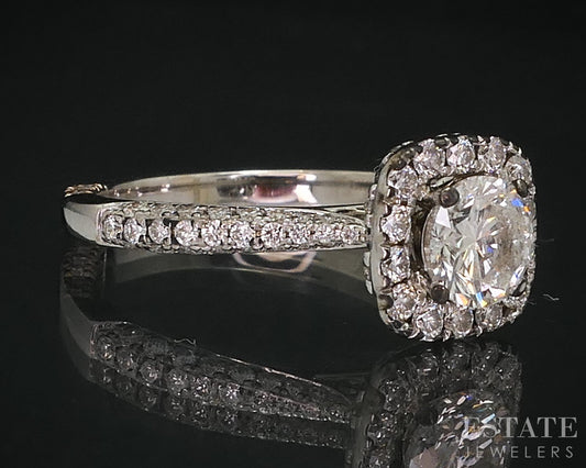 14k White Gold Round Natural 1.03ctw Diamond Halo Engagement Ring 3.5g i18289