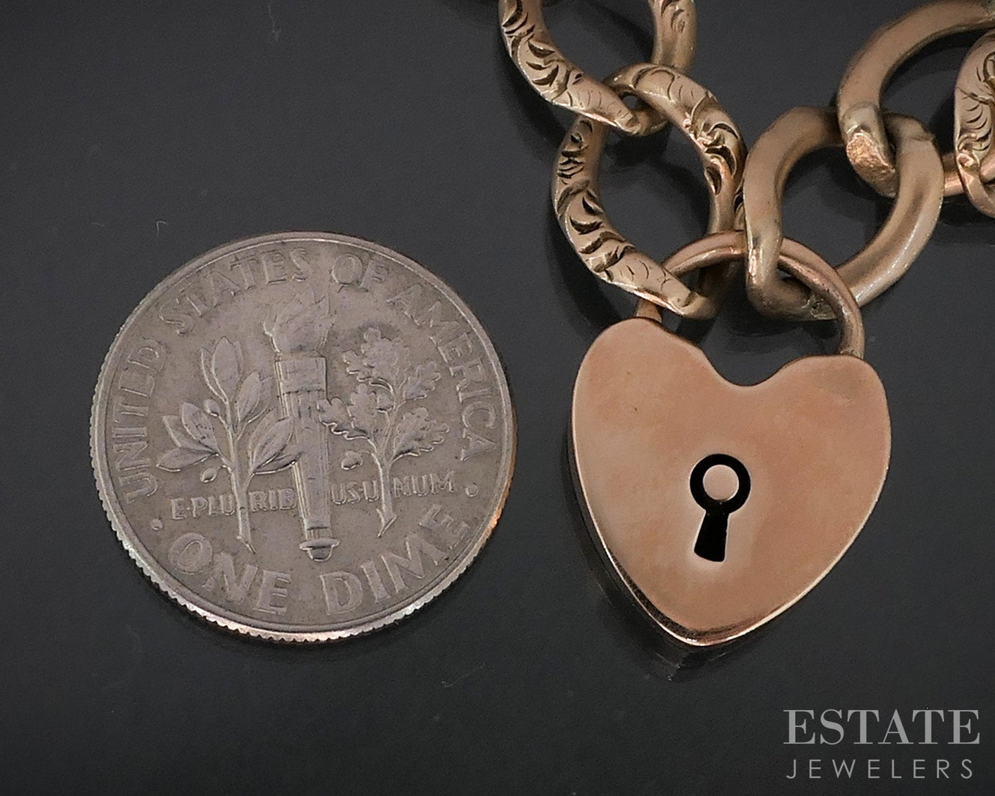 Antique 10k Rose Gold Key To My Heart Chain Ladies Bracelet 13.8g 7.75"L i12299