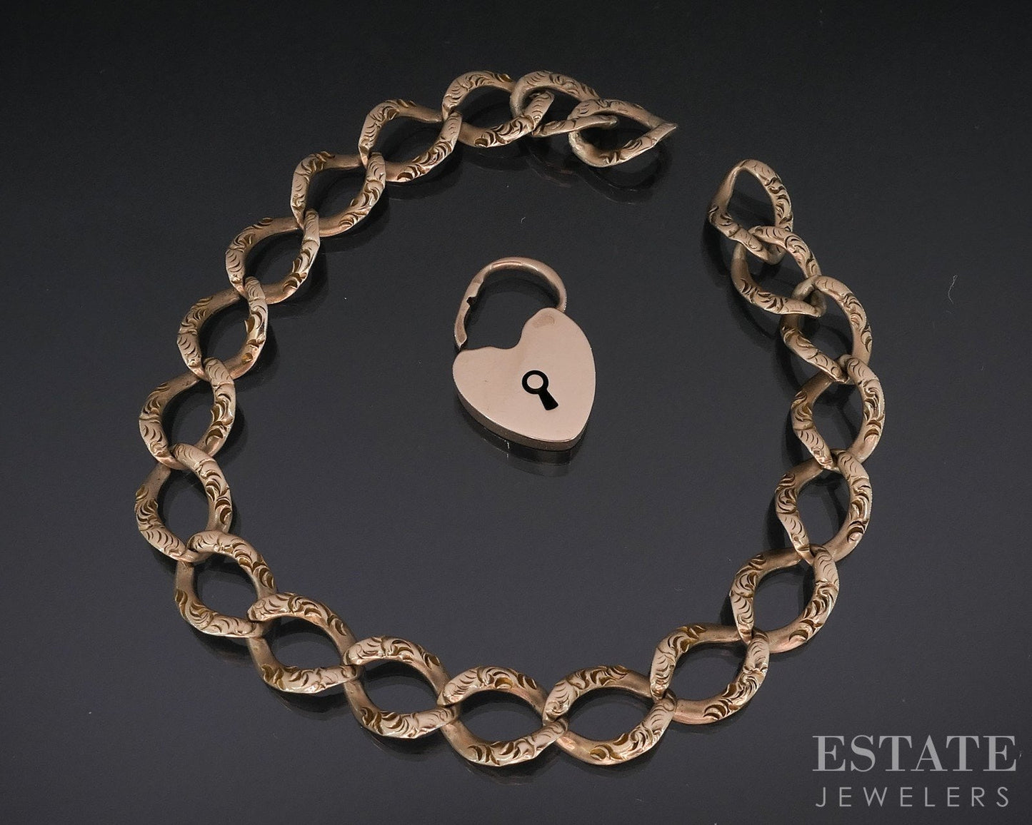 Antique 10k Rose Gold Key To My Heart Chain Ladies Bracelet 13.8g 7.75"L i12299