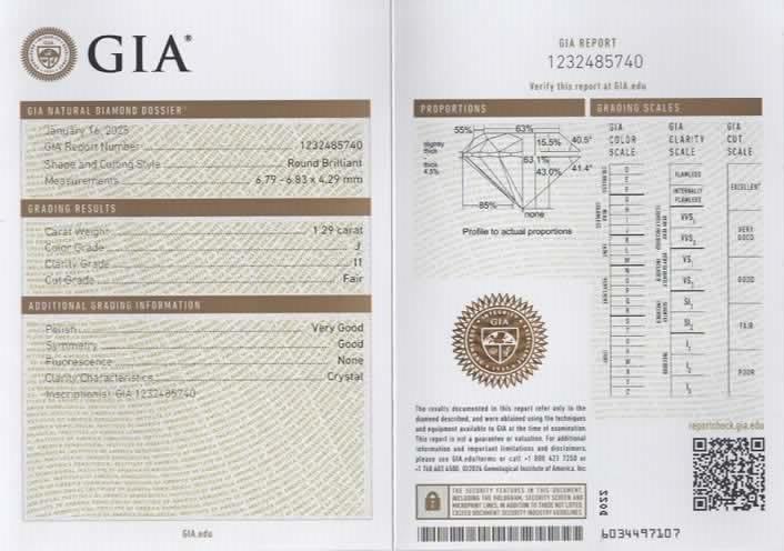 Loose 1.29ct Round Cut GIA Certified Natural Diamond I1/J i18270