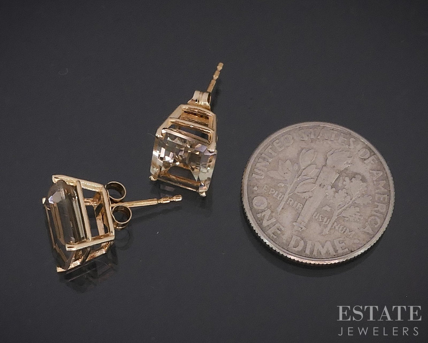14k Yellow Gold Emerald Cut Natural Smoky Quartz Stud Earrings 1.8g i18334b