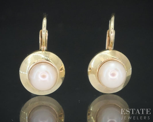 14k Yellow Gold 4.8mm Cultured Pearl Lever Back Dangle Earrings 1.8g i18330b