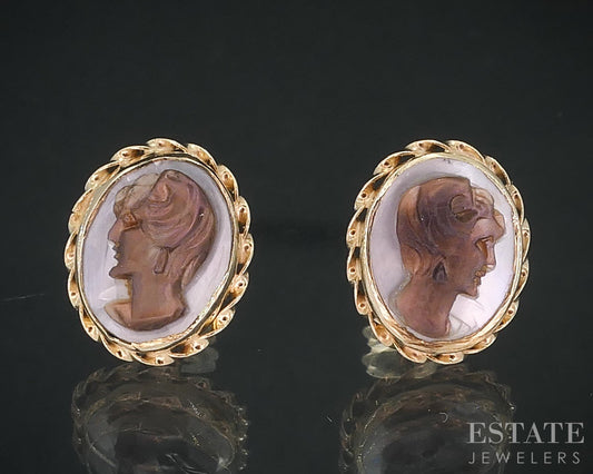 14k Yellow Gold Mother of Pearl Cameo Ladies Stud Earrings 1.6g i18339b