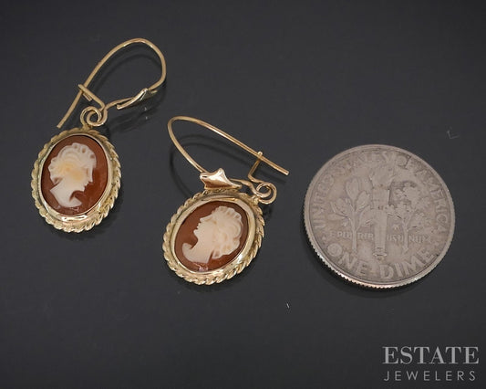 14k Yellow Gold Natural Cameo Dangle Ladies Earrings 2.0g i18328b