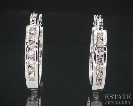 10k White Gold Round Natural .33ctw Diamond Hoop Earrings 4.2g i18332b