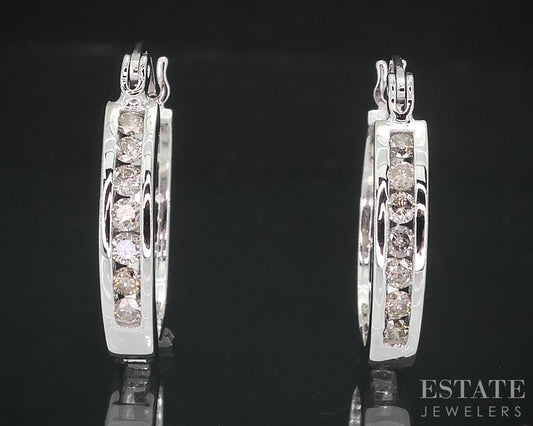 10k White Gold Round Natural .33ctw Diamond Hoop Earrings 4.2g i18332b