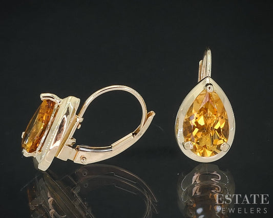 14k Yellow Gold Pear Natural Citrine Lever Back Dangle Earrings 2.1g i18359b