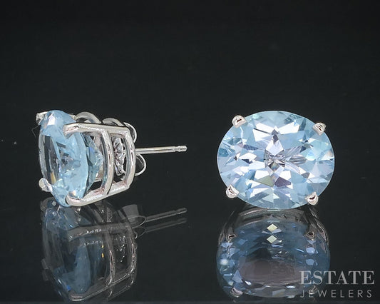 14k White Gold Oval Natural 10ctw Blue Topaz Stud Earrings 4.3g i18346b