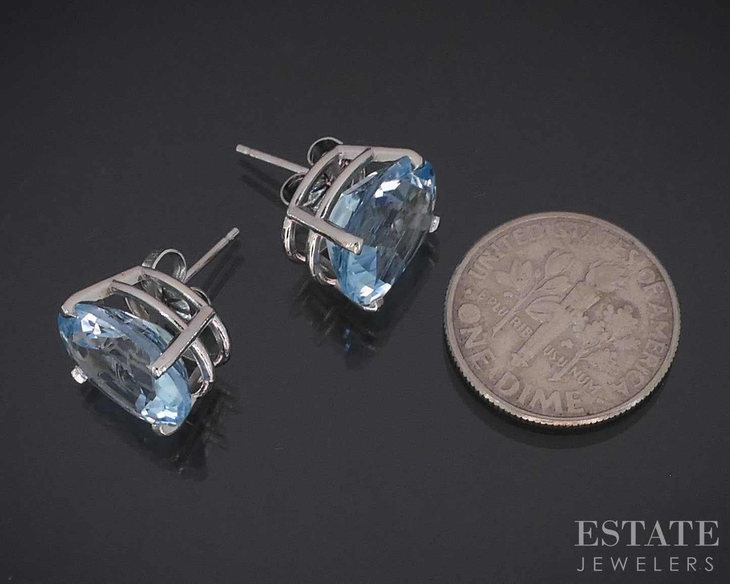 14k White Gold Oval Natural 10ctw Blue Topaz Stud Earrings 4.3g i18346b