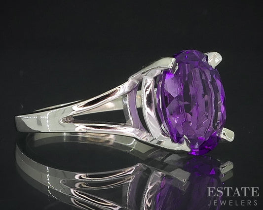 14k White Gold Oval Natural Amethyst Solitaire Ladies Ring 4.5g i18344b