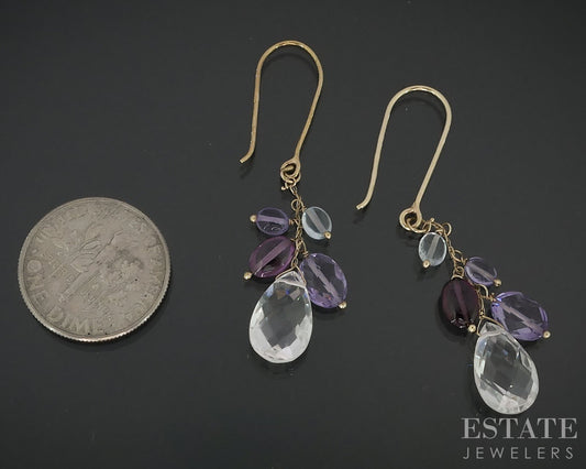 10k Yellow Gold Natural Multi Colored Quartz Dangle Ladies Earrings 2.3g i18107