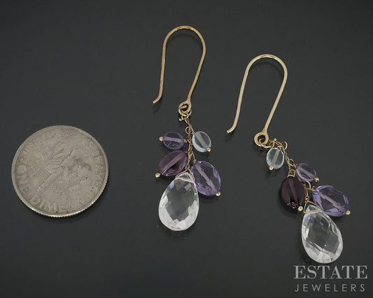 10k Yellow Gold Natural Multi Colored Quartz Dangle Ladies Earrings 2.3g i18107