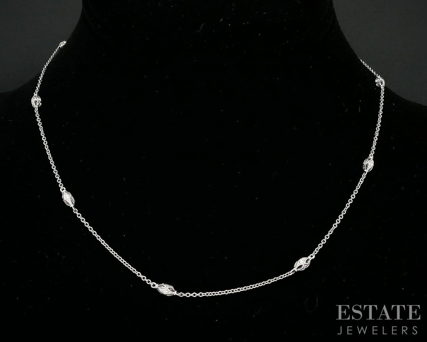 14k White Gold Natural .39ctw Diamond Station Link Necklace 3.7g 16"L i14933