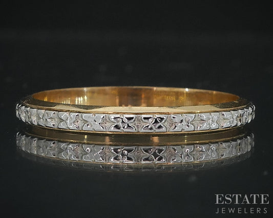 Antique 18k & 14k Two Tone Gold 2mm Engraved Floral Ladies Band 2.1g i18415