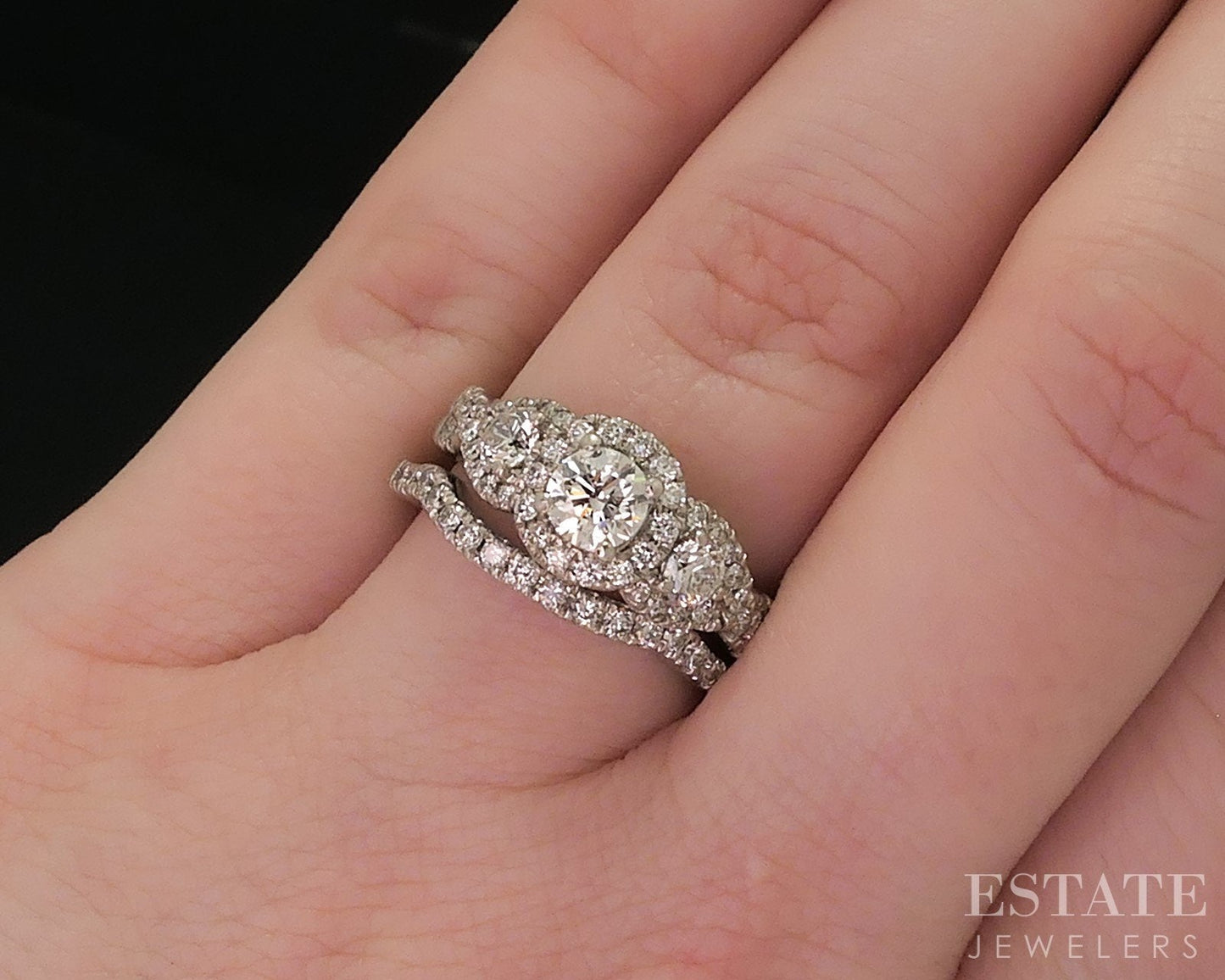 14k White Gold Tolkowsky Natural 1.46ctw Diamond Halo Wedding Set 7.6g i18409