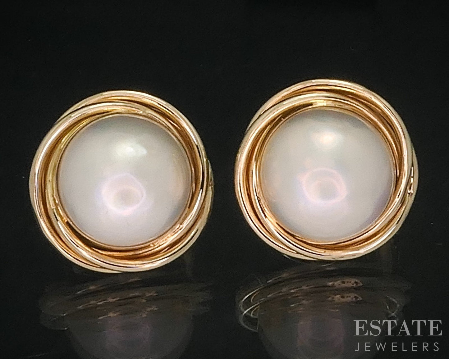 14k Yellow Gold 15mm Mabe Pearl Omega Back Button Earrings 8.7g i18405
