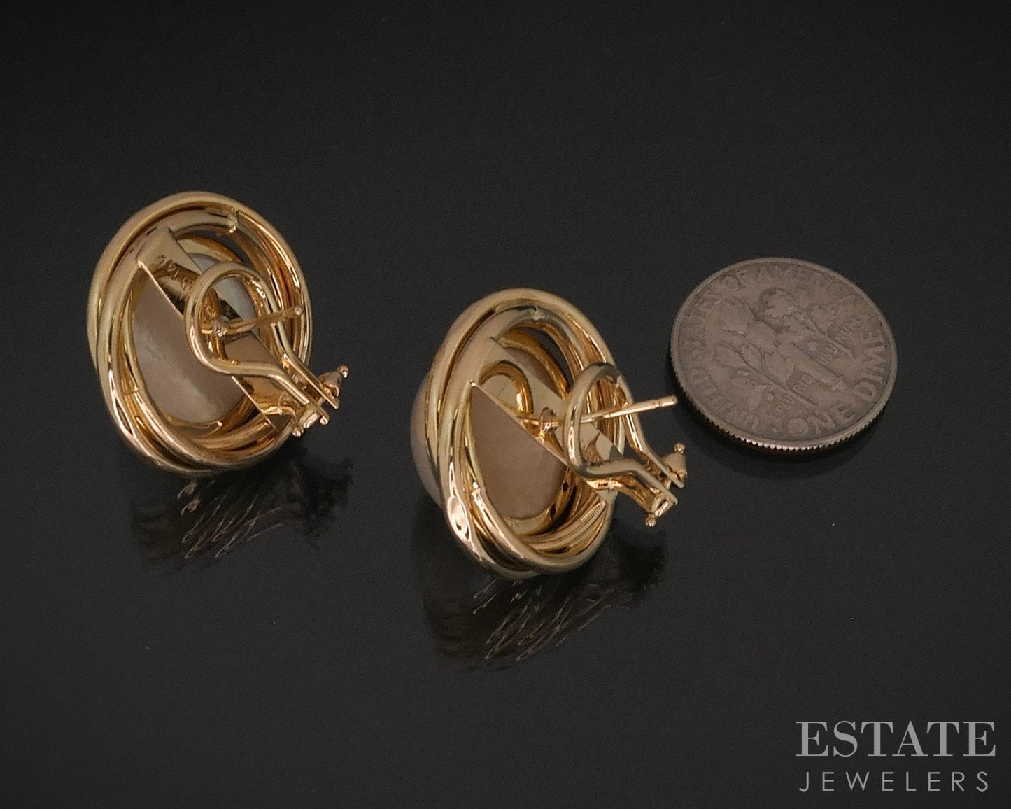 14k Yellow Gold 15mm Mabe Pearl Omega Back Button Earrings 8.7g i18405