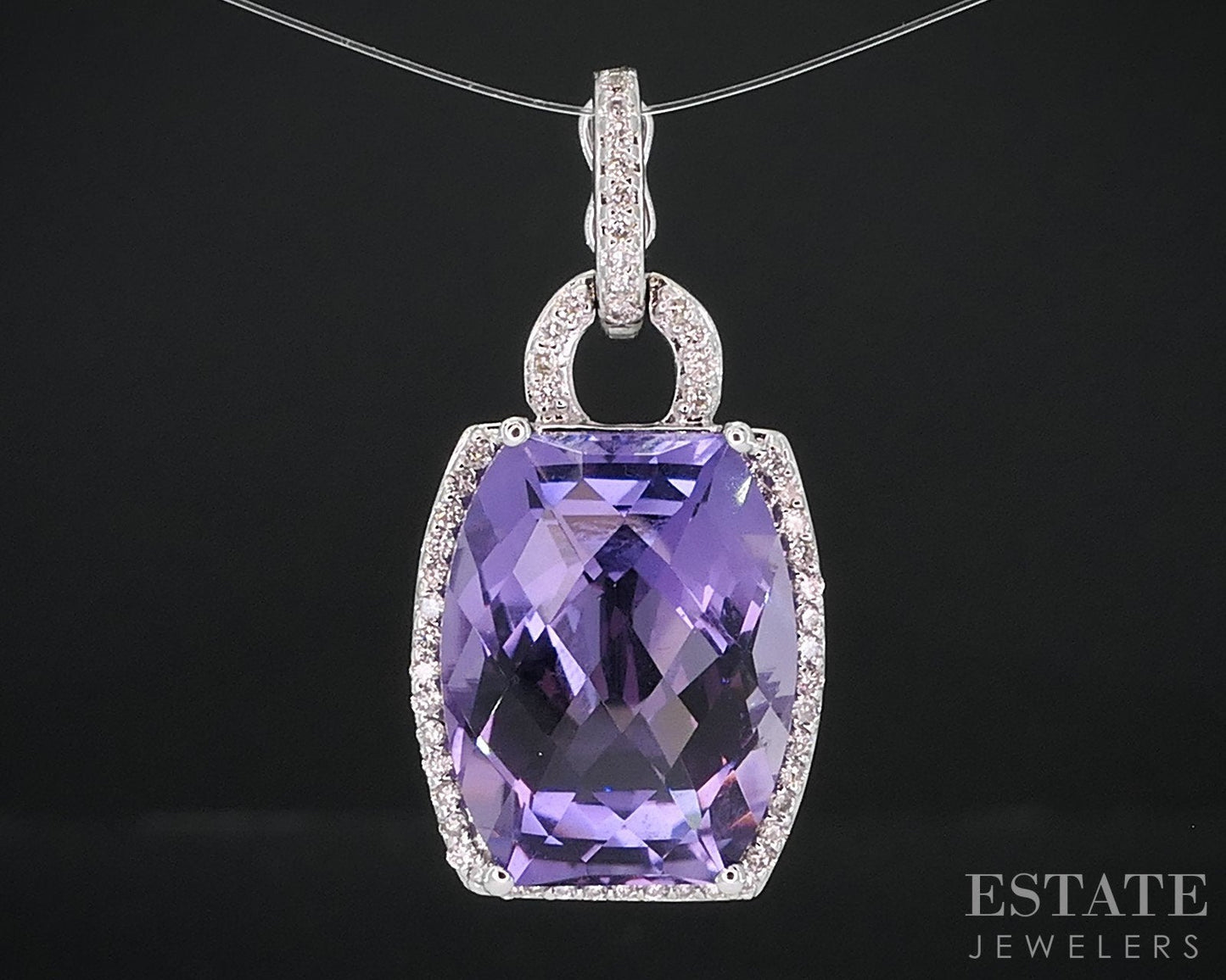 18k White Gold Cushion Natural Amethyst & Diamond Enhancer Pendant 5.7g i17615