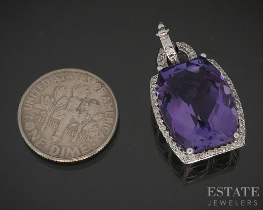 18k White Gold Cushion Natural Amethyst & Diamond Enhancer Pendant 5.7g i17615