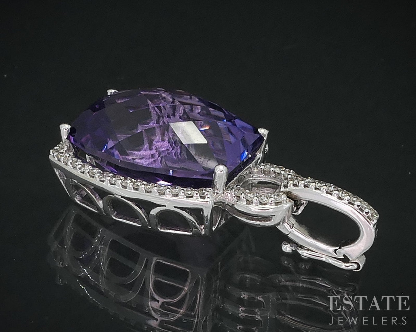 18k White Gold Cushion Natural Amethyst & Diamond Enhancer Pendant 5.7g i17615