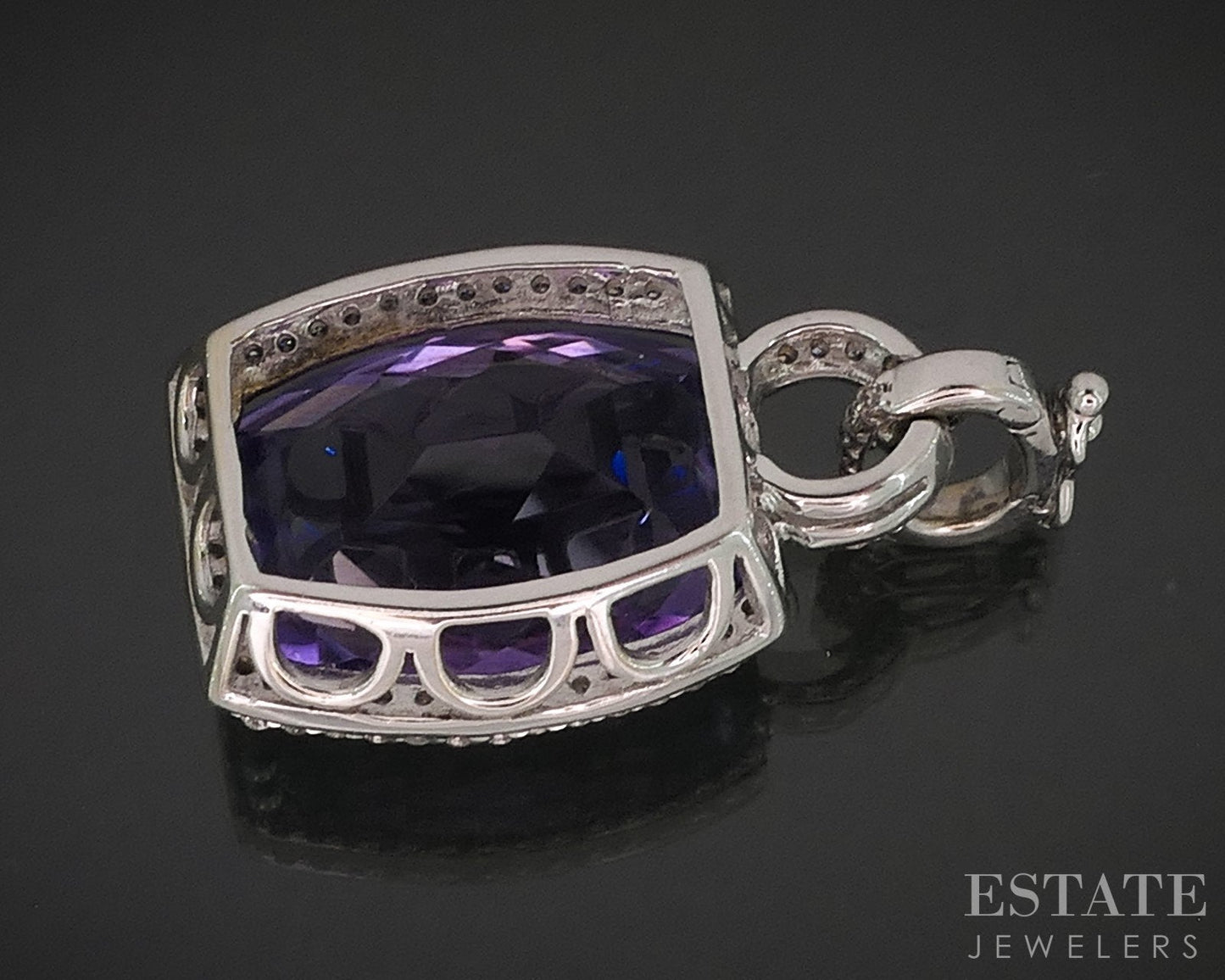 18k White Gold Cushion Natural Amethyst & Diamond Enhancer Pendant 5.7g i17615