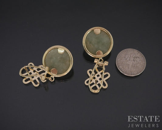14k Yellow Gold 15mm Natural Green Jade Celtic Knot Dangle Earrings 10g i18426b