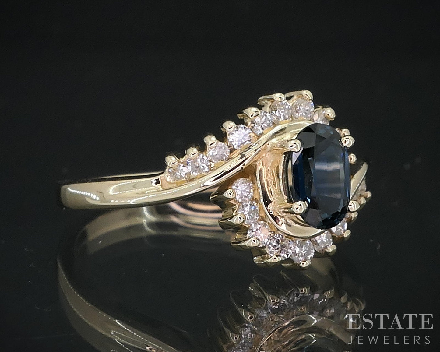 14k Yellow Gold Natural Blue Sapphire & Diamond Bypass Ladies Ring 3.5g i18438b