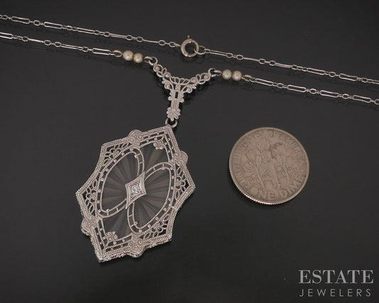 Antique 14k White Gold Rock Crystal Quartz Diamond Filigree Necklace 6g i18465
