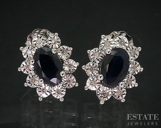 10k White Gold Natural Diamond & Blue Sapphire Halo Stud Earrings 1.9g i18463