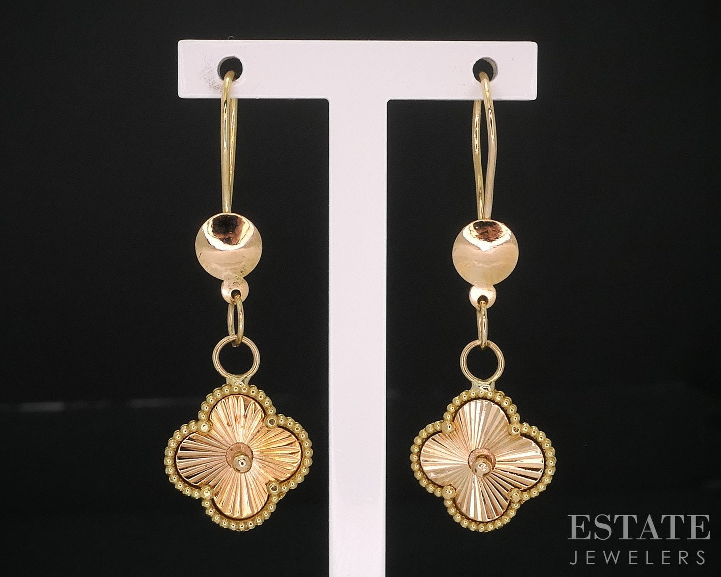 18k Yellow Gold 4 Leaf Clover Guilloche Dangle Ladies Earrings 4.4g i18460