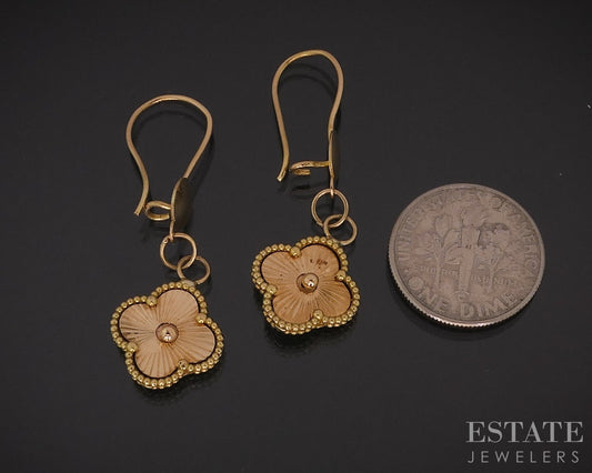 18k Yellow Gold 4 Leaf Clover Guilloche Dangle Ladies Earrings 4.4g i18460