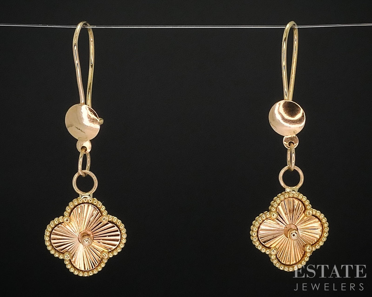 18k Yellow Gold 4 Leaf Clover Guilloche Dangle Ladies Earrings 4.4g i18460