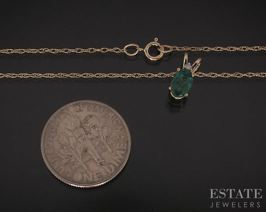 14k Yellow Gold Natural Emerald & Diamond Ladies Necklace 0.9g 18"L i18458