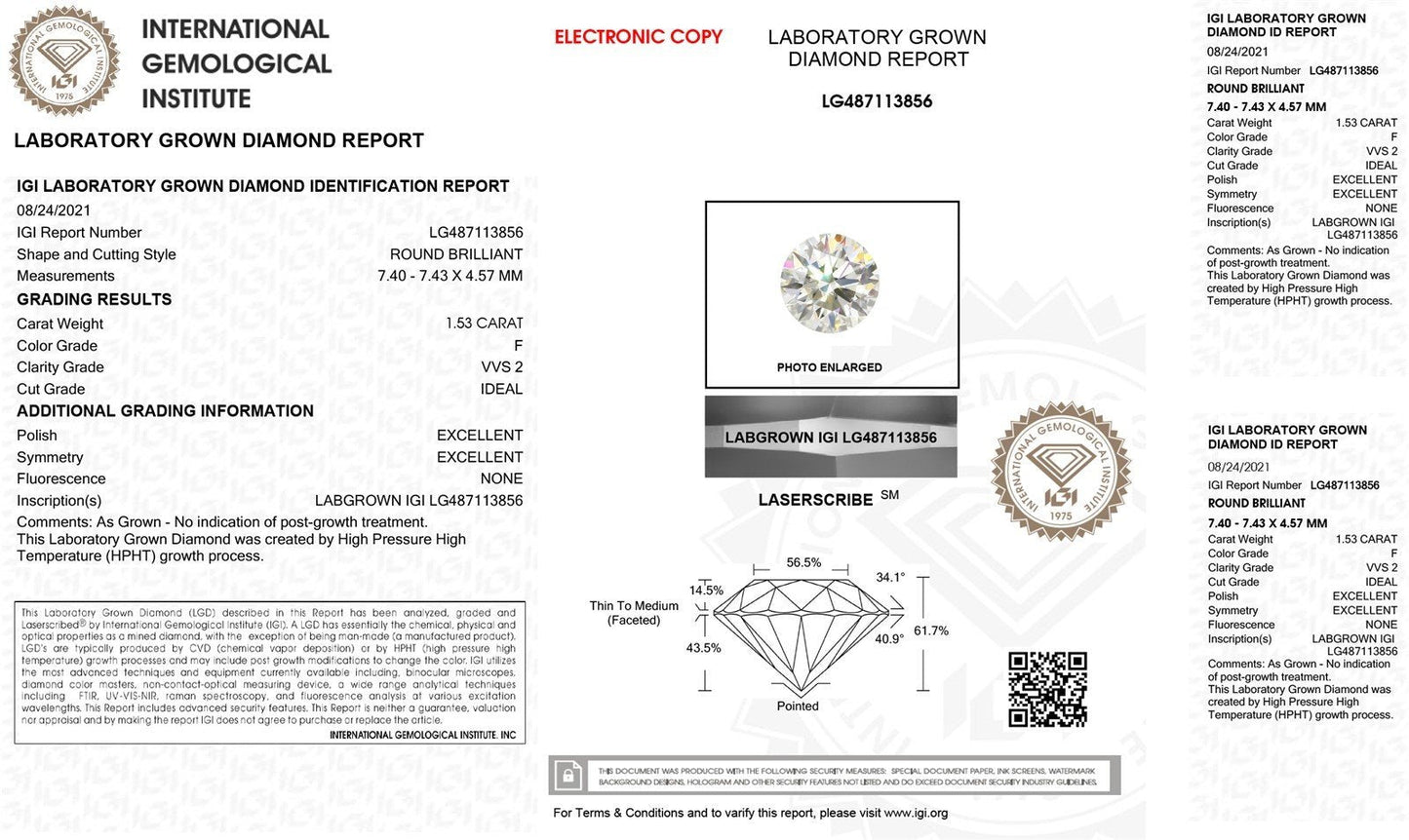 Platinum IGI Lab Created 1.53ct Diamond Solitaire Engagement Ring i18447